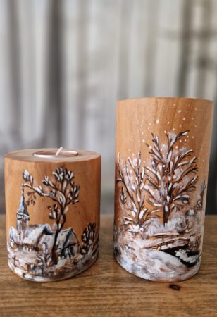 Świeczniki, świecznik drewniany, candlestick, candleholder, rustykalny, dekoracje drewniane, dodatki z drewna, świecznik z obrazkiem, świecznik malowany, świecznik z latarnią, świecznik z drewna, zimowy pejzaż, winter, świecznik na t-lighty, świecznik naturalny, styl skandynawski, styl hygge